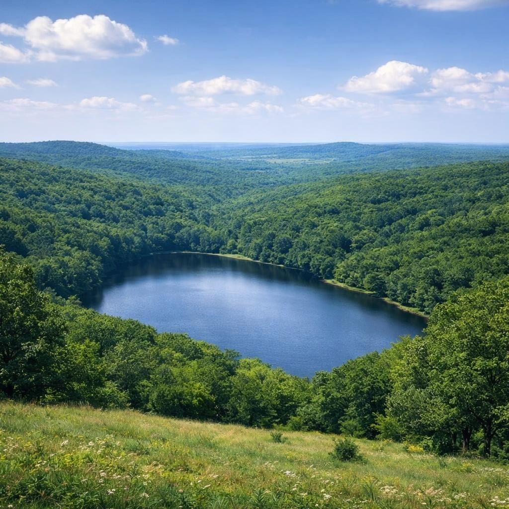 Verdant rolling hills with scattered trees and a pond under partly cloudy sky