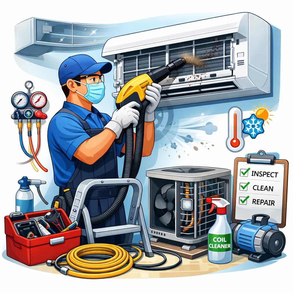 Technician using a cleaning tool to clear dirt from an air conditioning unit.